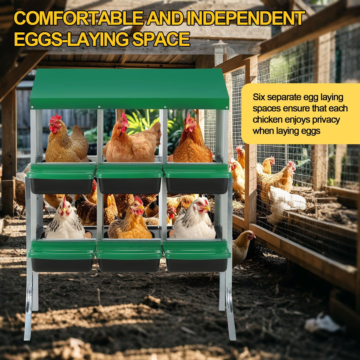 YeeJinHong Two-Tier Chicken Nesting Box,6 Hole Metal Chicken Egg Laying Box with Swing Perch and Rollout Egg Collection Protect Eggs