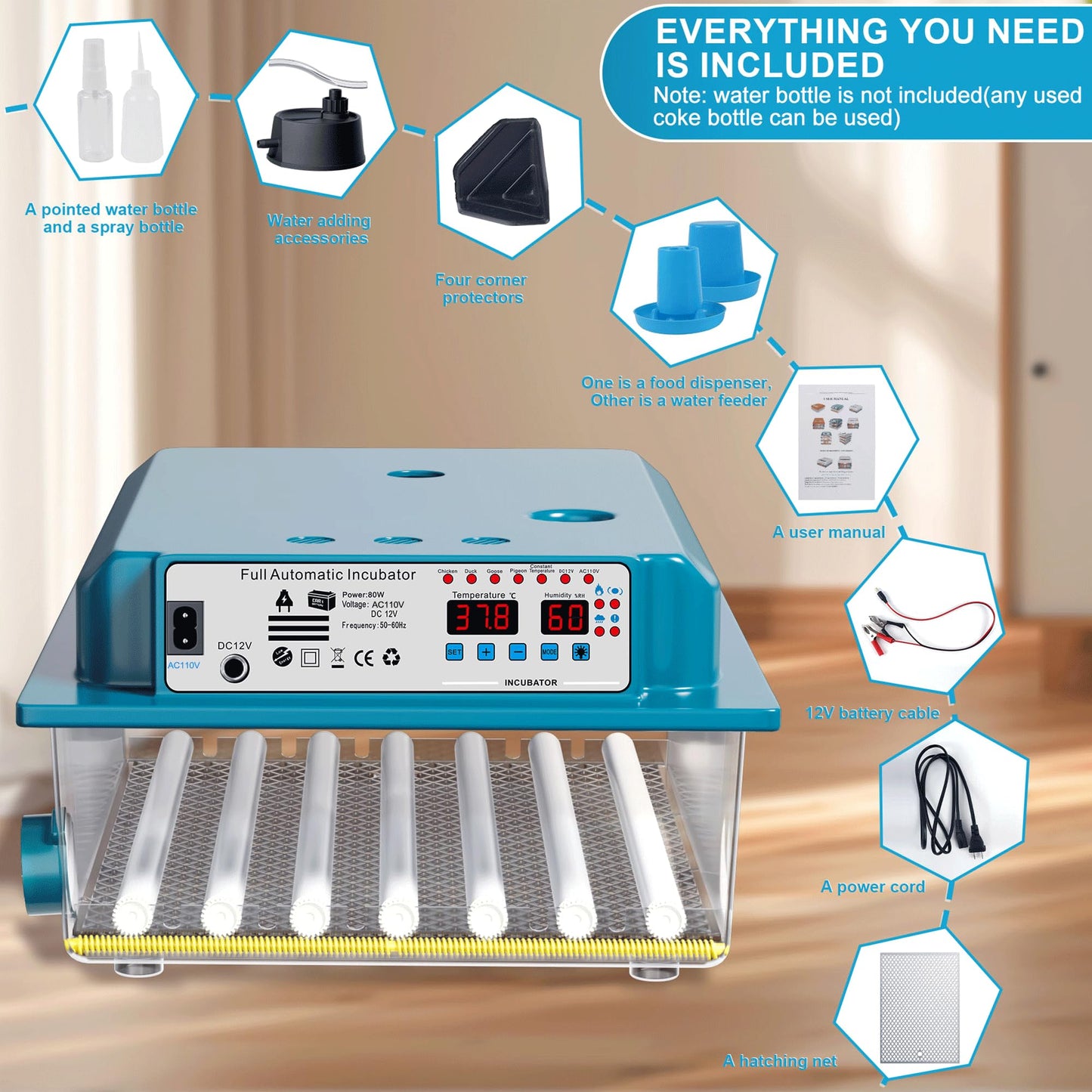 Loyfoly Incubators for Hatching Eggs, 36 Egg Incubator with Automatic Egg Turning and Humidity Control, Chicken, Duck, Goose, Bird, Quail, Incubator for Farm, Lab, Home（Blue）