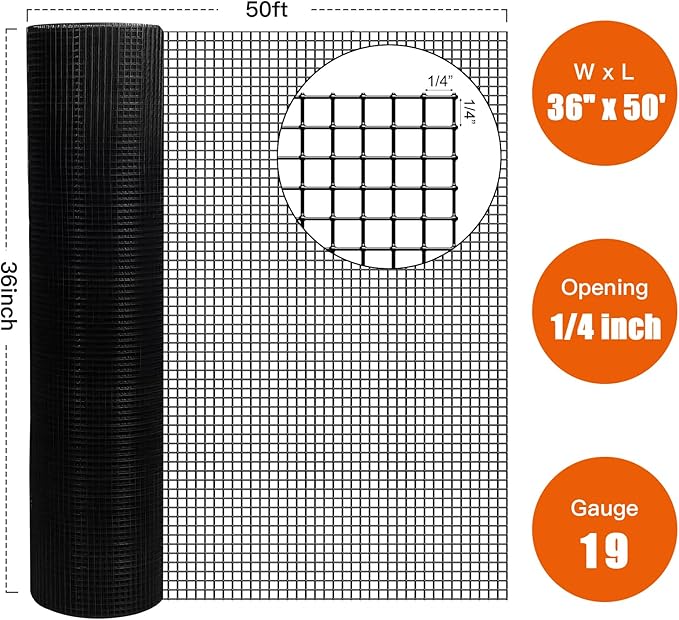 36" x 50' 1/4inch PVC Hardware Cloth Vinyl Coated Chicken Wire Fence Galvanized Welded Mesh Roll for Home Garden Rabbit Cage, Black