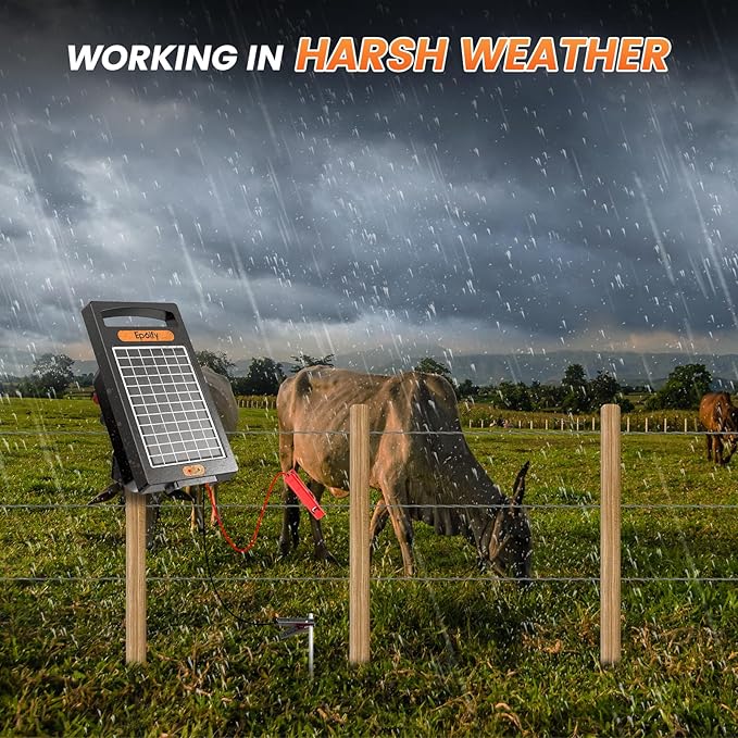 24 Hour Solar Electric Fence Charger, 10 Miles, Up to 10200v Output Range Electric Fence Charger, 0.18J Portable Energizer with Rechargeable Solar Panel for Livestock & Predator Protection