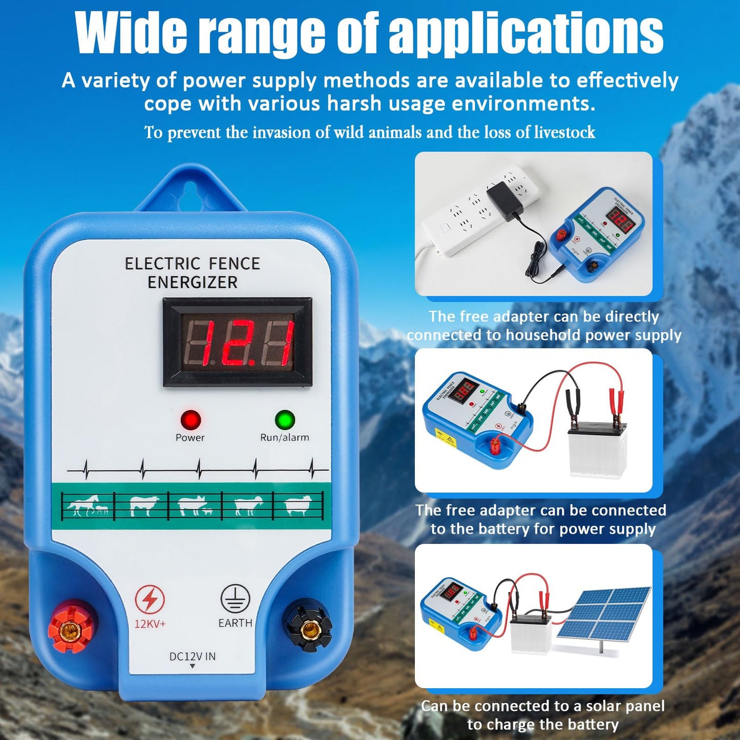 Electric Fence Charger for Livestock - 12 kV 3 Joules High-Power Electric Fence Energizer for Containing Pets Livestock and Preventing Wild Animals Intruding(7.07in)