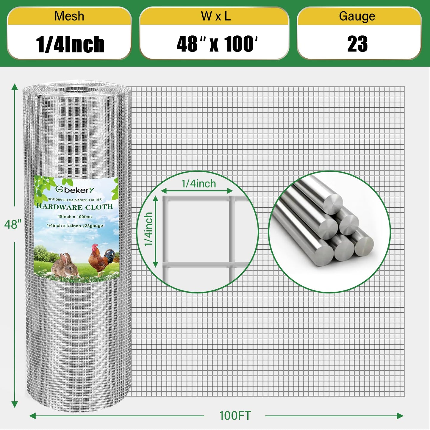 Gbekery Hardware Cloth 1/4 inch 48in x 100ft 23 Gauge, Chicken Wire Hot-dip Galvanized After Welding Fence Roll Garden Plant Welded Metal Wire Fencing Roll, Rabbit Cages Snake Fence