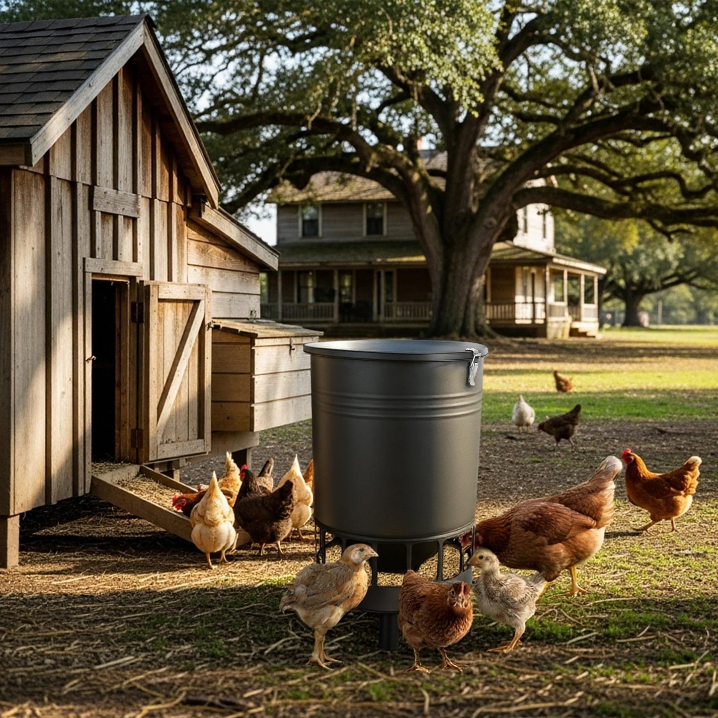 Solution4Patio 50LB No-Waste Chicken Feeder, Large Capacity Gravity Dispenser with Spill Control & 16 Feeding Ports Poultry Feeder for Outdoors & Hen Coop (Black)