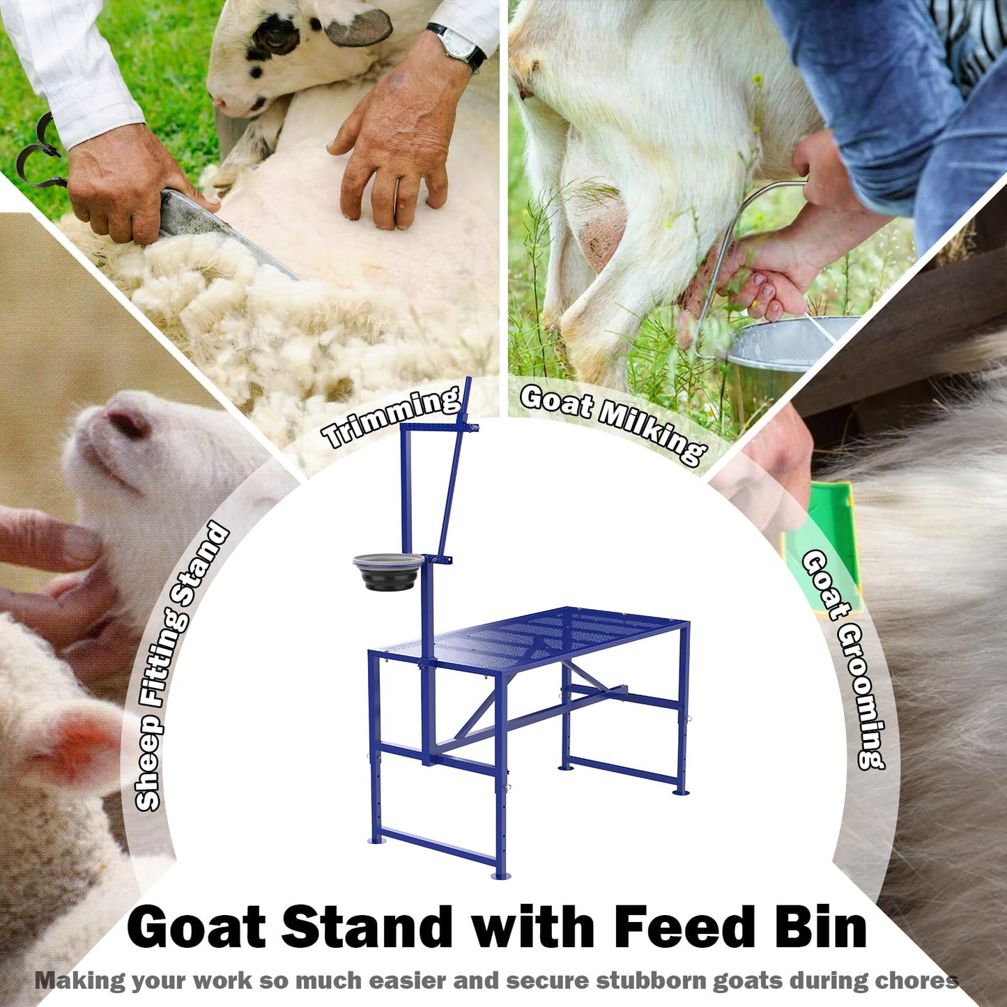 Larrik Goat Milking Stand with Feeder, Goat Stand for Trimming Hooves, with Adjustable Head Piece and Legs, Metal Blue Use for Livestock，400 Lbs for Small Sheep and Goat