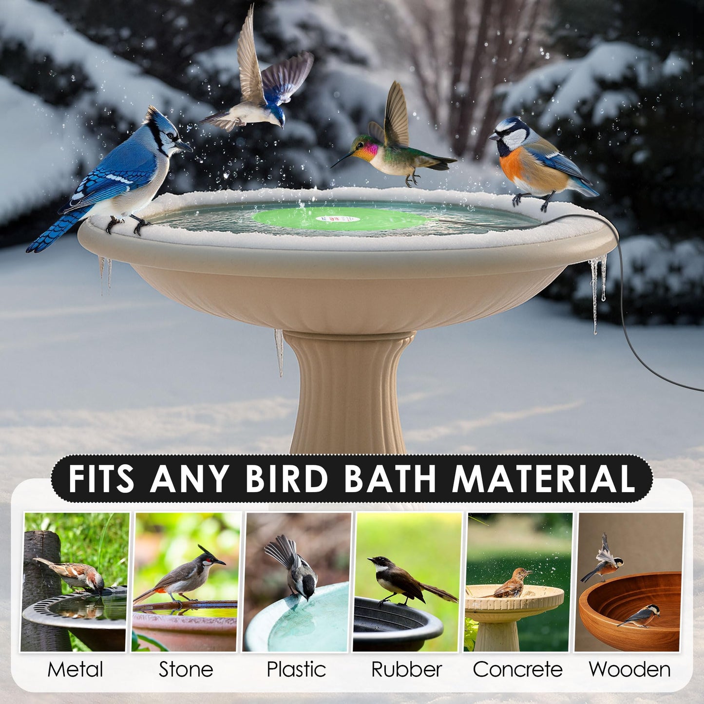 Dreyoo 60W Bird Bath Heater, Submersible De Icer for Outdoor Winter Use, Thermostatic Control, IP65 Waterproof, Chicken Water Heater for Birds, Poultry, Livestock, Wildlife Drinking