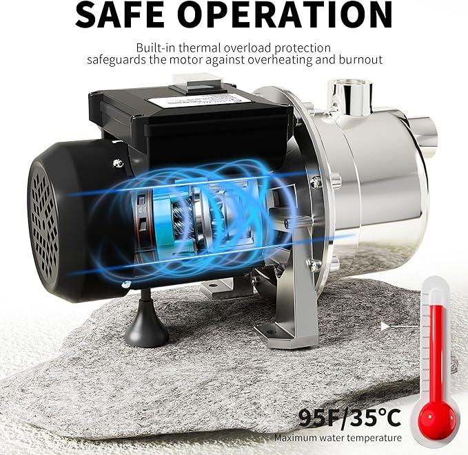 LANCHEZ 1/2 HP Shallow Well Garden Pump, Portable Stainless Steel Water Transfer Draining Irrigation Pump for Lawn Fountain, 960 GPH, 125 Feet Height