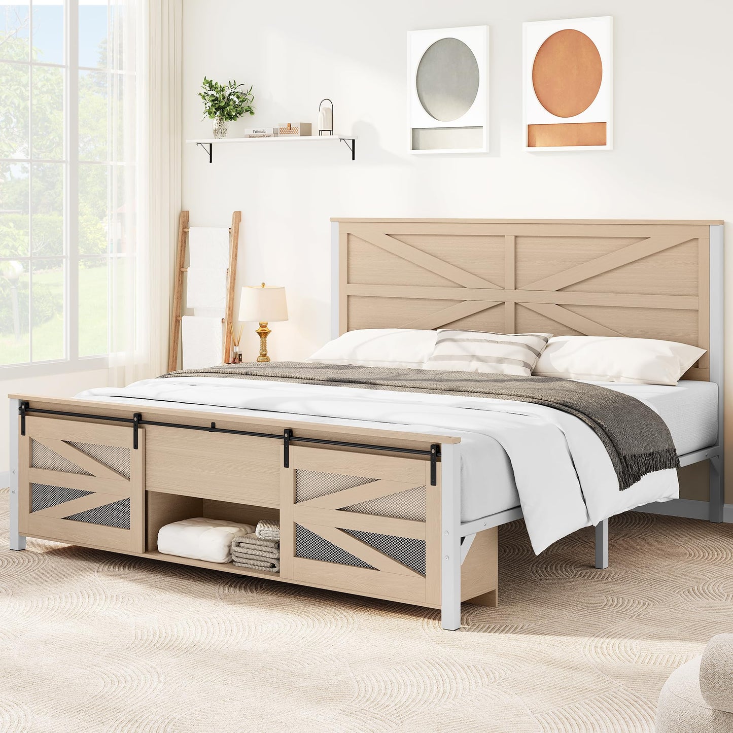 YITAHOME King Size Farmhouse Bed Frame with Sliding Barn Door Storage Cabinets,Platform Bed Frame with 47.2" Headboard, Solid Metal Slats Support, Noiseless, No Box Spring Needed,Oak