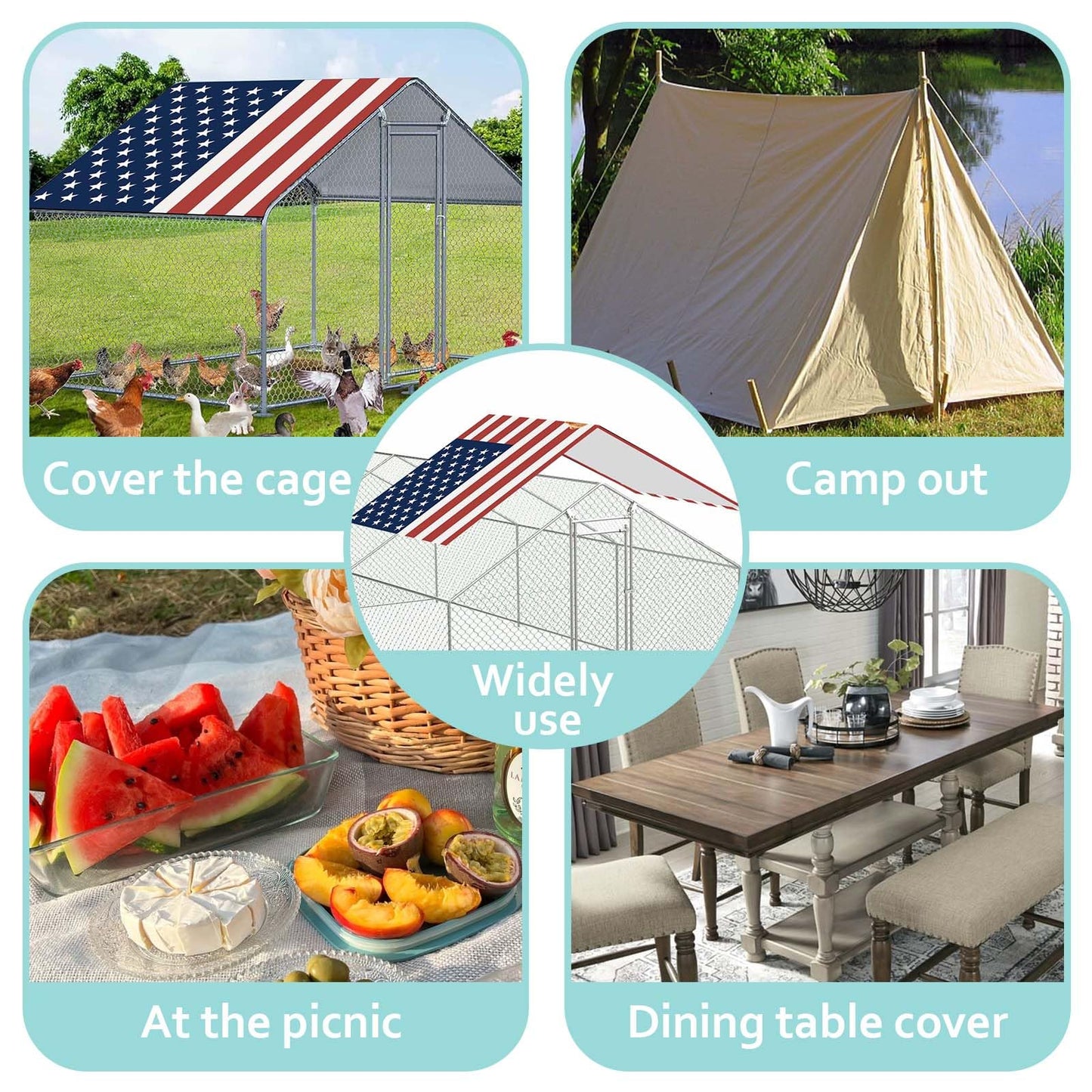 BUAEL 1 Pcs Outdoor Metal Chicken Coop Cover with Sun Resistance Fence Chicken Cages Cover for Outdoor Large Walk in Chicken Run Pen, 10.5 x 5 ft (American Flag（red）)