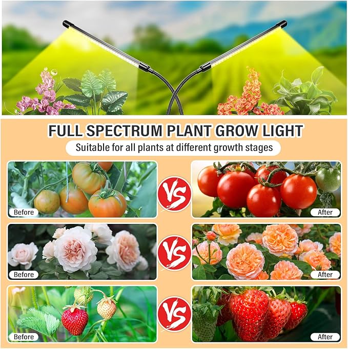 bseah Grow Light Plant Light Indoor Plants, Full Spectrum Clip Plant Growing Lamp, 10-Level Dimmable, Auto On Off Timing 3 9 12Hrs (2 Pack)
