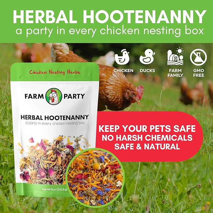 Farm Party Herbal Hootenanny Chicken Nesting Herbs 8oz - Chicken Dust Bath Mix Deodorizer Keeps Nest Boxes & Coop Fresh - Chicken Coop Herbs - Chicken Accessories for Coops