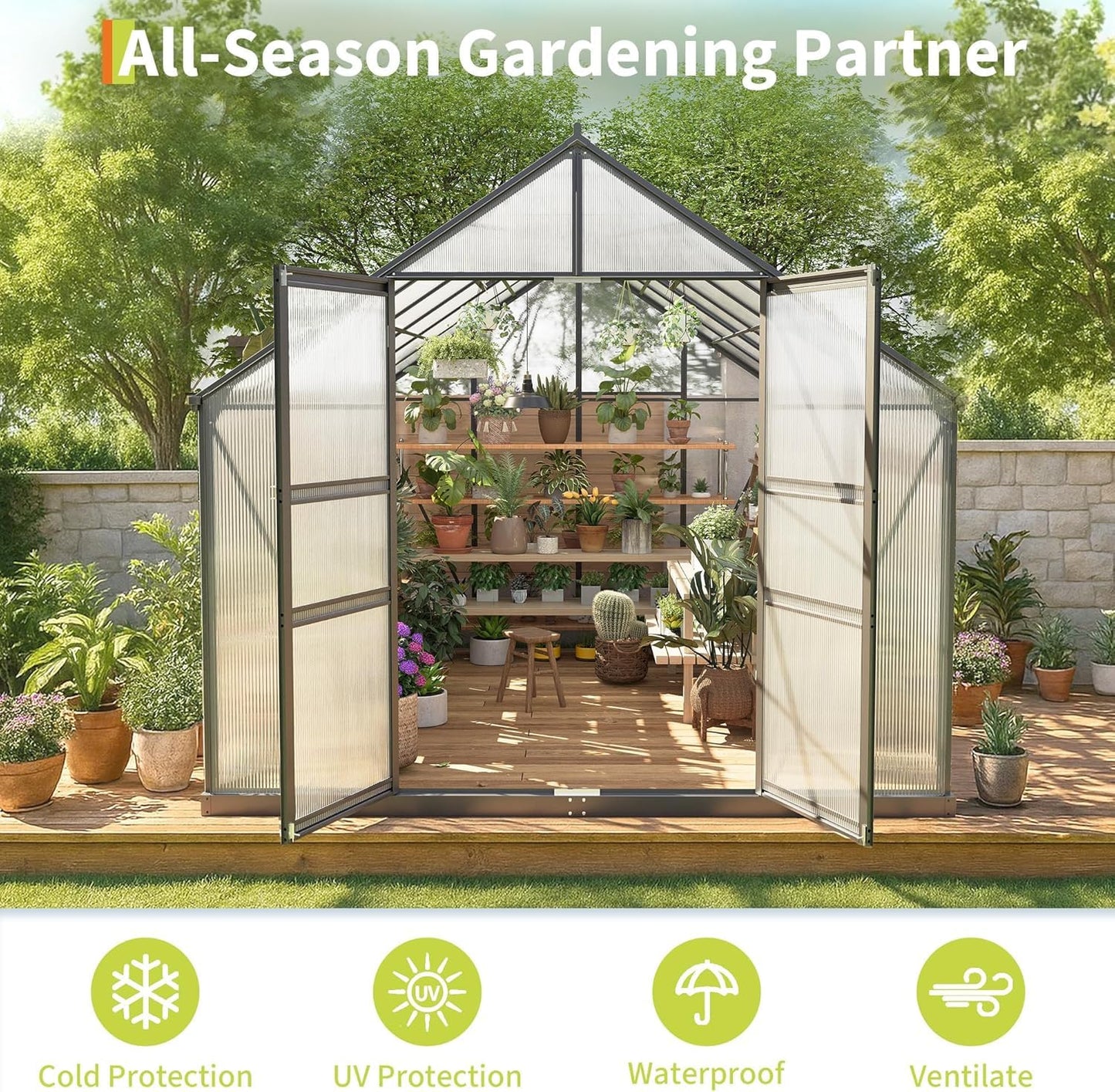 Greenhouse Large Walk-in Green House with Aluminum Frame, Polycarbonate Roof Vent & Wind Resistant, Backyard Garden Greenhouse Kit for All Weather