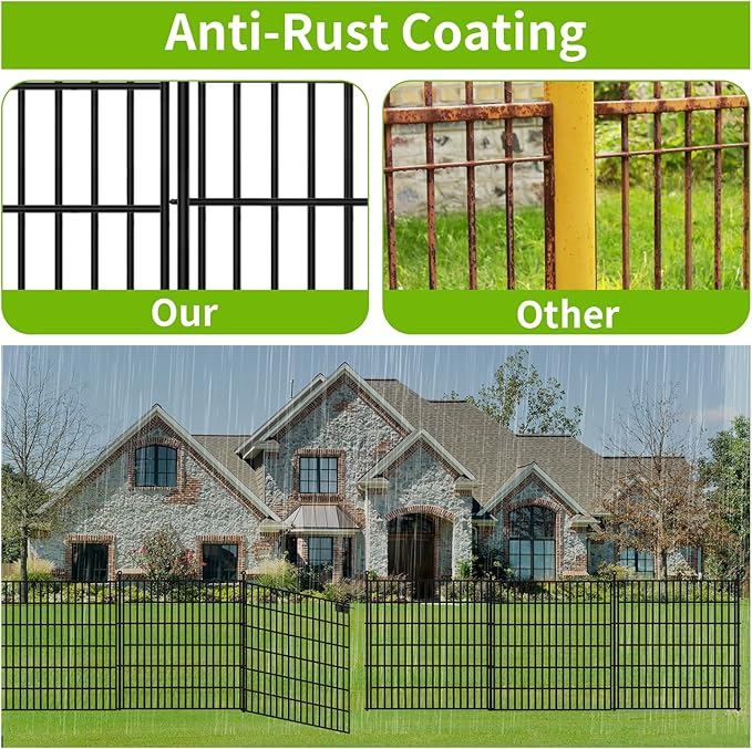10 Panels No Dig Garden Fence with Gate, 32 in(H) X24.2 ft(L) Metal Fence Panels, Thickened Rustproof Garden Fencing, Animal Barrier Fence for Dogs, Rabbits, and Patio