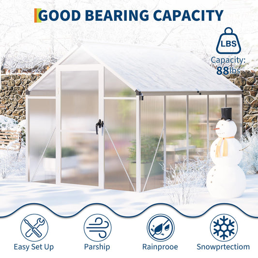 6x10 FT Greenhouse, Easy Assembly Aluminum Polycarbonate Greenhouses for Outdoors with Roof Vent and Ground Nails, Heavy Duty Aluminum Walk-in Greenhouse for Backyard, Sliding Lockable Door, Silver
