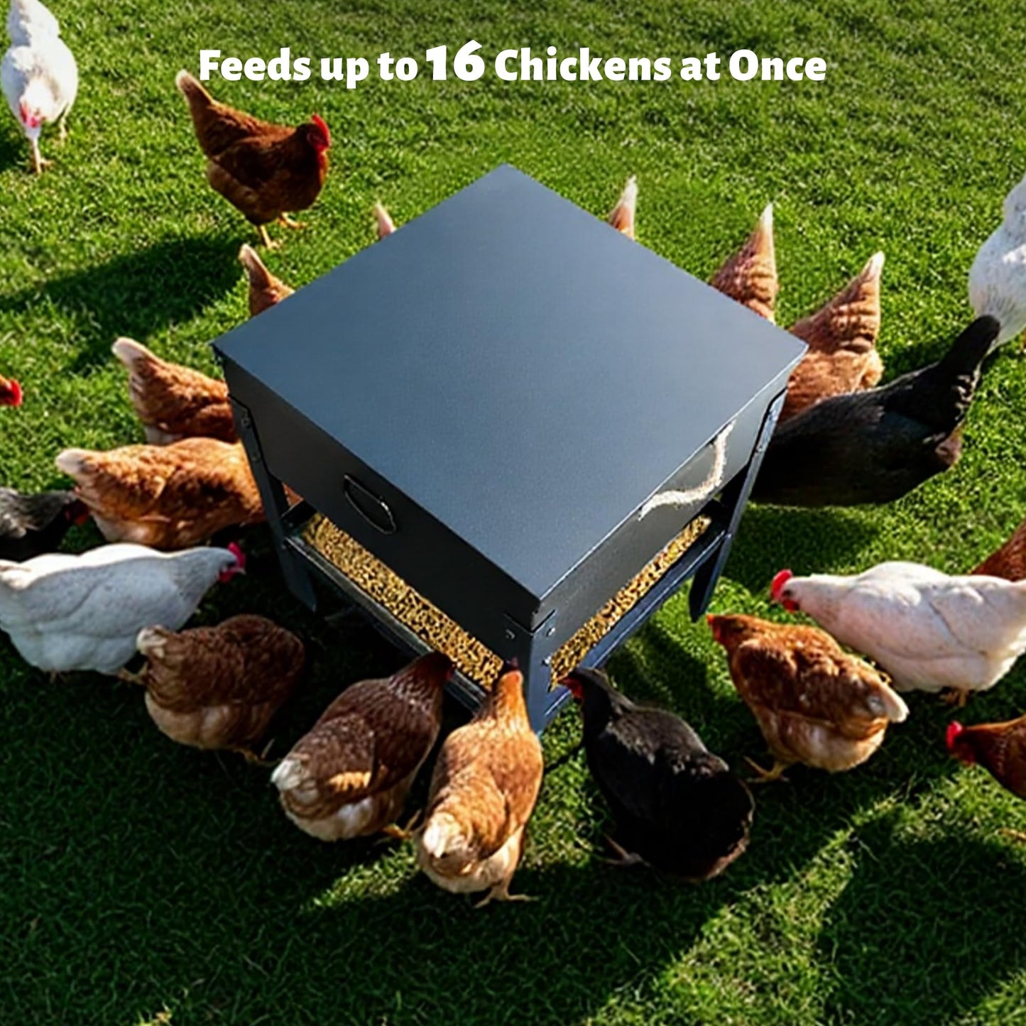 KOL 80LBs Chicken Feeder No-Waste, Galvanized Steel Large Capacity Chicken Feeder, Portable Poultry Feeder with Waterproof Lid for Hens and Roosters, Coops & Outdoors