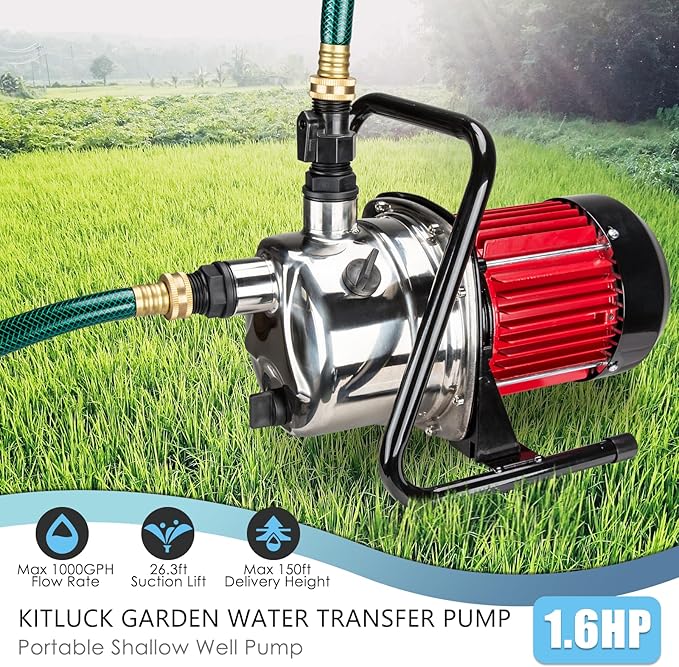 Water Transfer Garden Pump, 1.6 HP 1000GPH Portable Electric Shallow Well Jet Pump, Stainless Steel Sprinkler Pressure Booster Pump for Pool Draining, Lawn Fountain, Irrigation, Water Removal