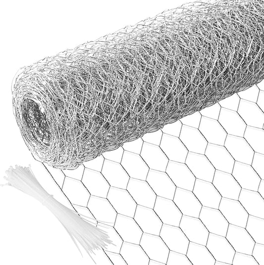 Chicken Wire 15.7 in x 237 in Poultry Wire Netting Hexagonal Galvanized Mesh Garden Fence Barrier for Pet Rabbit Chicken Fencing with 100 Pcs Cable Zip Ties