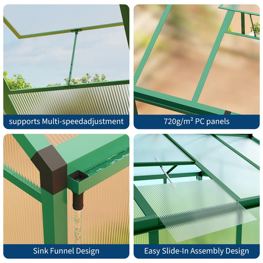 6x10 FT Greenhouse, Easy Assembly Aluminum Polycarbonate Greenhouses for Outdoors with Roof Vent and Ground Nails, Heavy Duty Aluminum Walk-in Greenhouse for Backyard, Sliding Lockable Door, Green