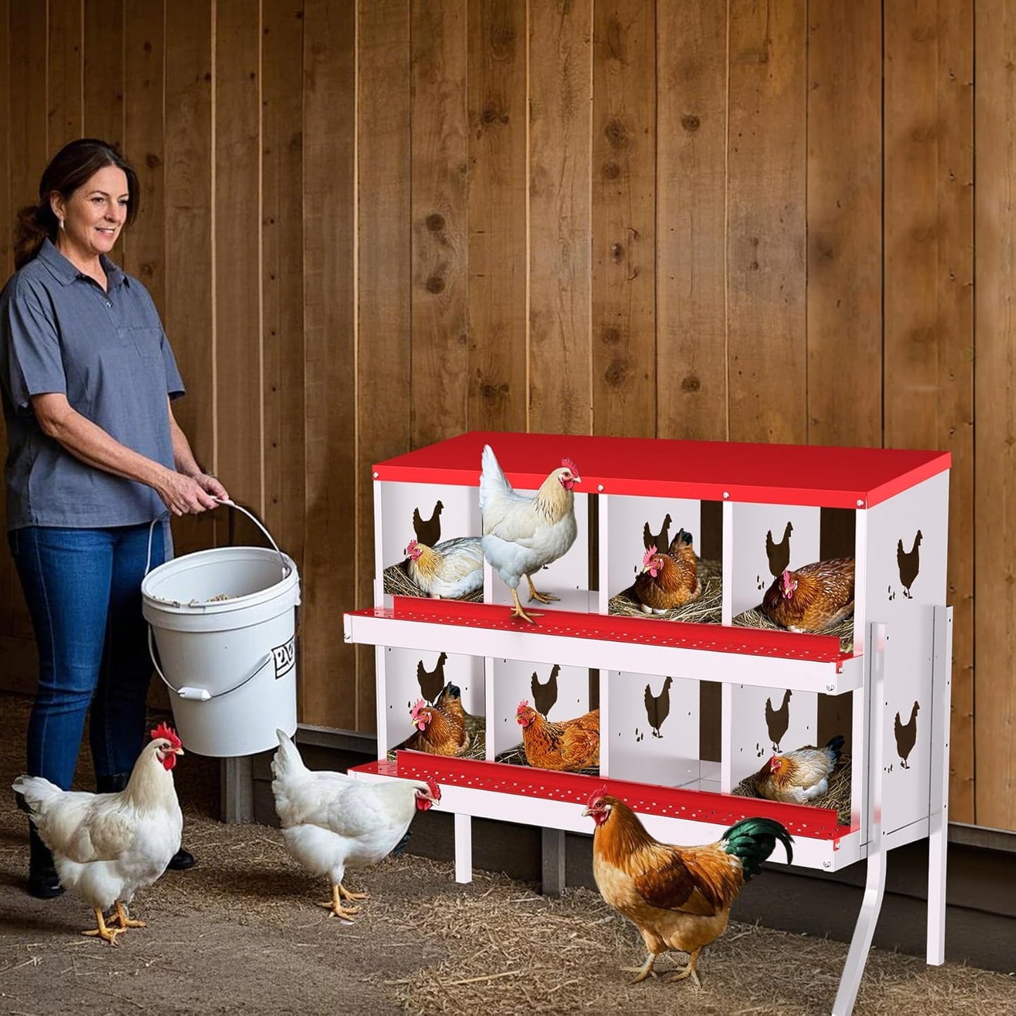 Chicken Nesting Boxes, 8-Hole Metal Nesting Box with Perch & Roll-Away Egg Design – Wall Mount or Freestanding Laying Box for Hens, Ducks, Quail (Heavy-Duty Galvanized Steel),Red. 1
