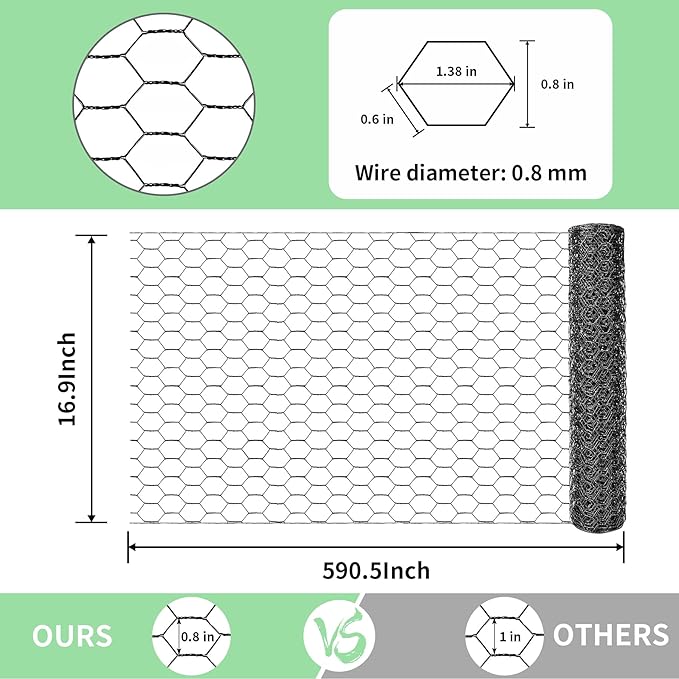 Chicken Wire 16.9 in x 590.5 in Poultry Wire Netting Hexagonal Galvanized Mesh Garden Fence Barrier for Pet Rabbit Chicken Fencing with 100 Pcs Cable Zip Ties(PVC-Coated)