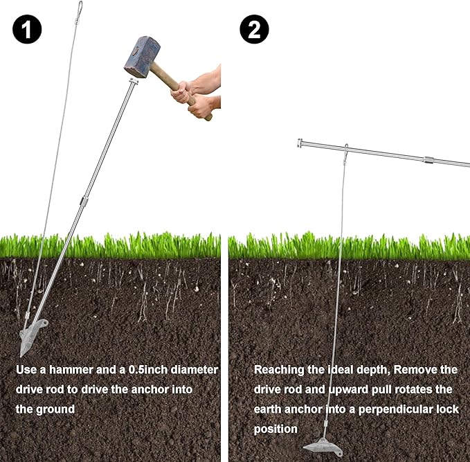 6 Pack Ground Earth Anchors with Drive Steel Stool - Easy Hook Anchor with 30" Long x 1/8" Cable, Ideal for Securing Shed, Fence, Green House, Swing Set and More.