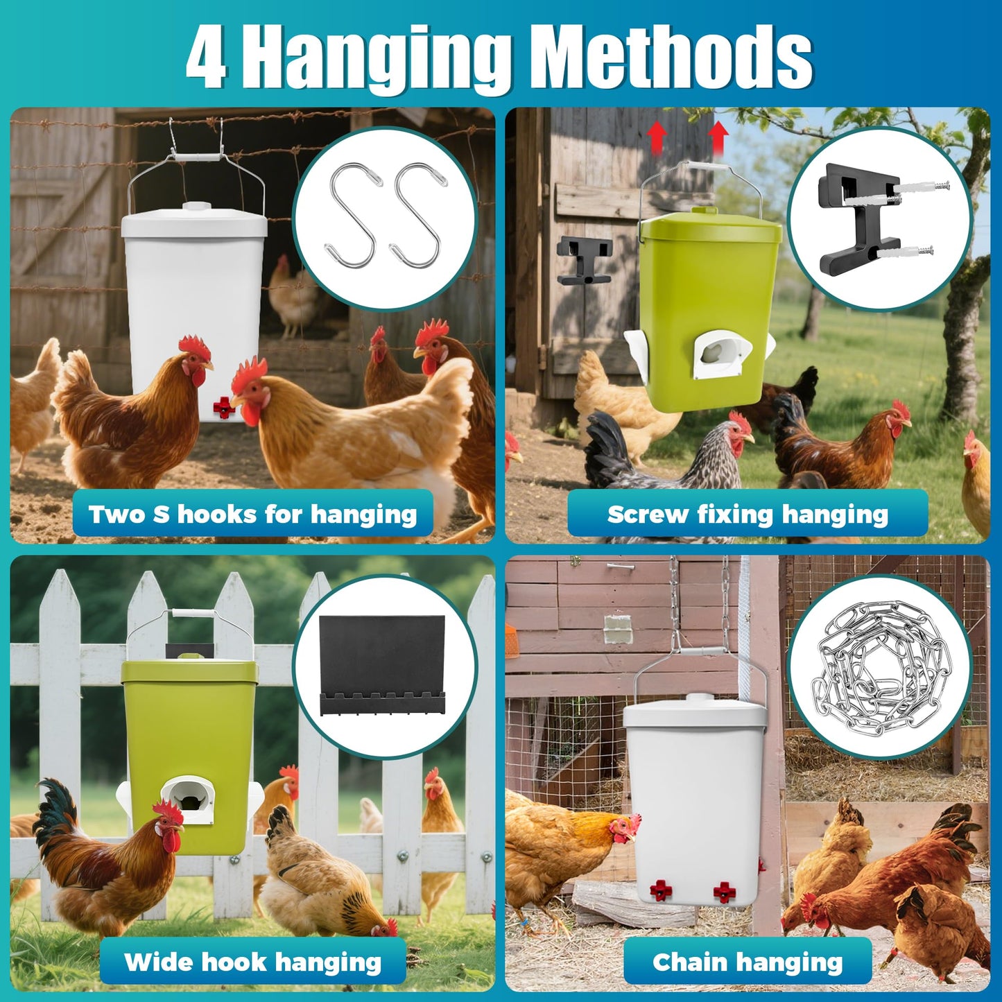 Loyala Automatic Chicken Feeder and Waterer Set 3 Gallon/25 Pounds No Waste Poultry Feeder Rain Proof Large Chicken Feeders Chicken Coop Accessories (Grass Green and White)