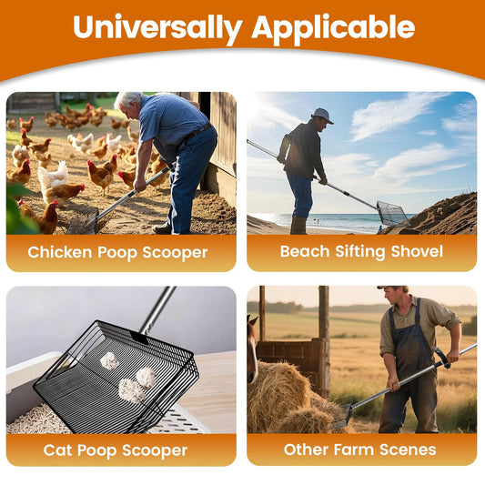 15 inch Extra Large Chicken Poop Scooper with Ergonomic Grip,5-in-1 Heavy Duty Adjustable Coop Scoop for Poop (24 to 68"), Stainless Steel Sifting Litter Shovel Scoop for Chicken Coop