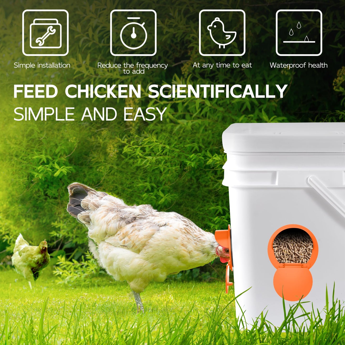 Chicken Feeder Port 8pcs Poultry No Waste Port Kit with Stopper Lid, 1 Hole Saw, DIY Automatic Reusable Coop Feeders, Rain Proof Gravity Feeding Geese Duck Hens Rooster for Bucket Barrel Bin (Orange)