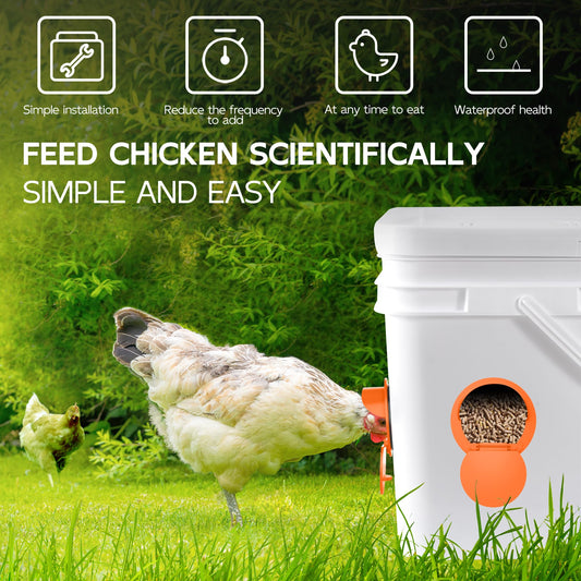 Chicken Feeder Port 8pcs Poultry No Waste Port Kit with Stopper Lid, 1 Hole Saw, DIY Automatic Reusable Coop Feeders, Rain Proof Gravity Feeding Geese Duck Hens Rooster for Bucket Barrel Bin (Orange)