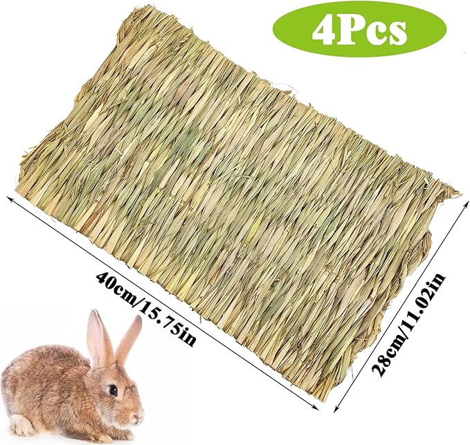 kathson 4 PCS Large Grass Mat for Rabbit, Natural Bunny Woven Hay Mat Straw Small Animal Bedding Nest for Guinea Pigs Hamster Chinchillas Puppy Biddy Sleeping Chewing Scratching