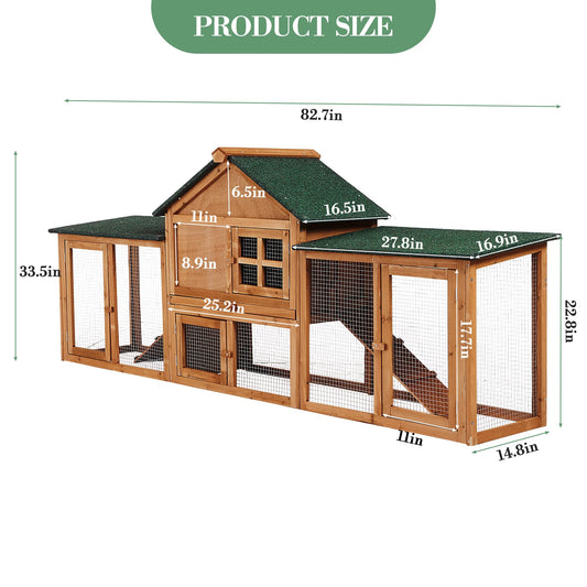 GarveeLife 80in Wooden Rabbit Hutch, Outdoor Chicken Coop, Bunny Hutch Guinea Pig Pet House Bunny Cage with Double Side Runs, Weatherproof Roof, Removable Tray, Ramps for Small Animals