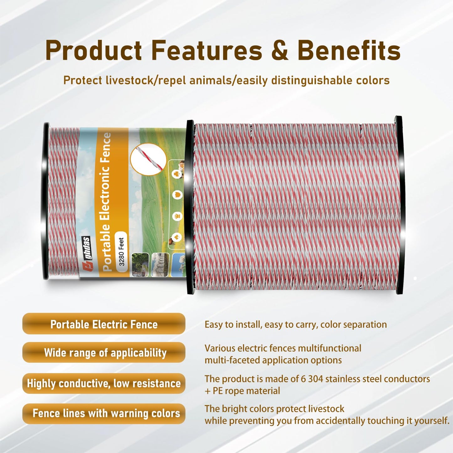 Portable Electric Fence Polywire 3280 Feet 1000 Meter, for Fencing Livestock, Farm Animals, Horses, Deers, Farm Animals, Gardens, Good Conductivity and Waterproof, Coyote-Proof, Crossing-Proof