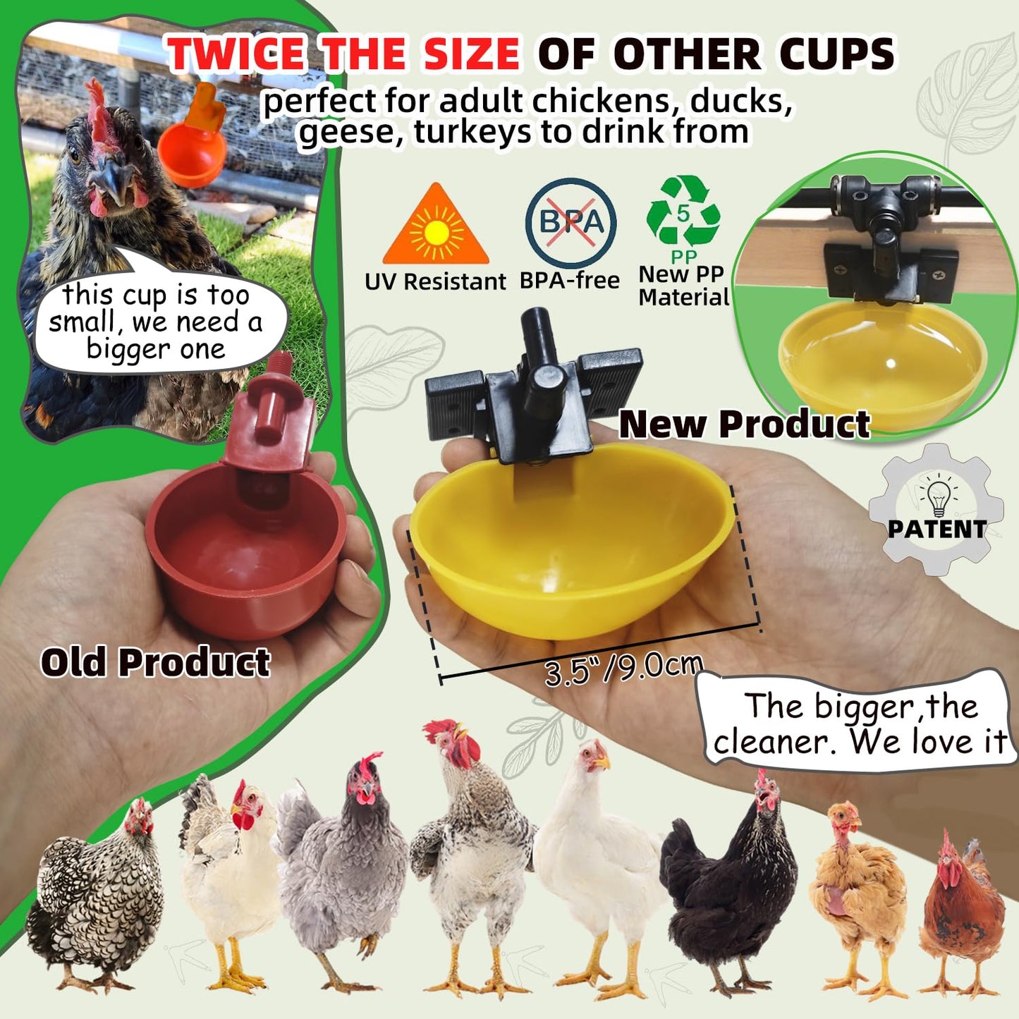 Complete Set Pipeline Automatic Chicken Waterer System, Innovative Quick-Connect Water System with Large Size Water Cups Removable and Washable, 18ft Pipeline and Float Valve (Yellow, 6Cup)