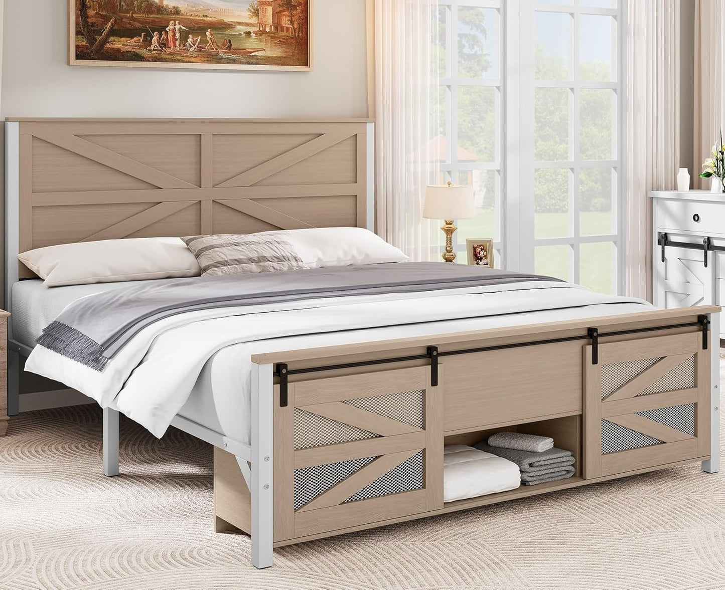 YITAHOME King Size Farmhouse Bed Frame with Sliding Barn Door Storage Cabinets,Platform Bed Frame with 47.2" Headboard, Solid Metal Slats Support, Noiseless, No Box Spring Needed,Oak
