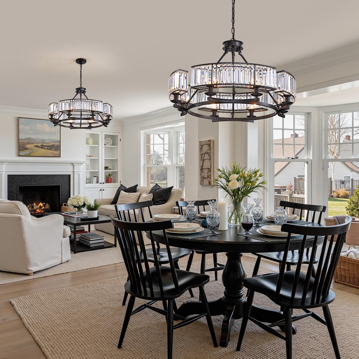 WECHAET Modern Black Farmhouse Chandeliers for Dining Room Light Fixture, 6-Light Adjustable Round Crystal Chandeliers for Living Room Kitchen Island Foyer Entryway, D31.5