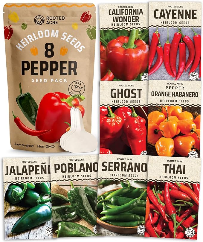 HOME GROWN Banana Pepper + Rooted Acre 8 Hot Peppers Variety Pack – 320+ Non-GMO Heirloom Seeds – Sweet & Spicy Peppers for Indoor/Outdoor Growing – High Germination USA-Sourced Seeds