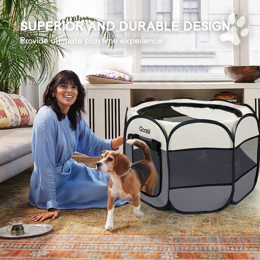 Goozii Pet Cat Playpen for Indoor Cats Enclosed, Puppy Dog Play Pen for Outdoor Travel Camping (Large Size, Beige & Dark Grey)