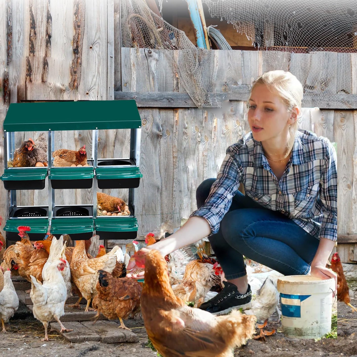 Chicken Nesting Boxes, 6 Holes Metal Chicken Egg Laying Box with Swing Perch and Rollout Egg Collection,for Various Chicken Breeds Without Stand - Green 0.6mm