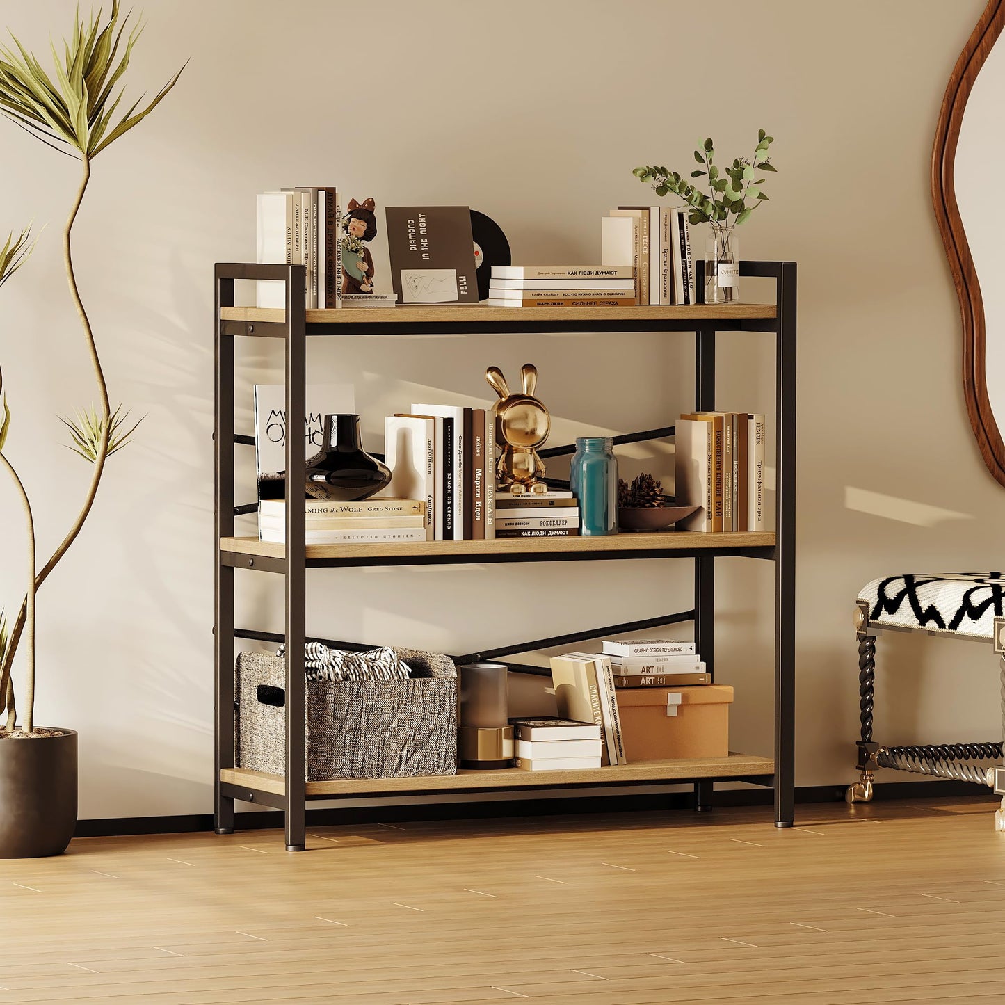 Book Shelf, 3 Tier Bookshelf 31.49" Width, Book Shelf Storage and Organization, Wooden and Metal Industrial Bookcase, Large Book Shelves for Home Living Room Bedroom Office Storage(Light Coffee)