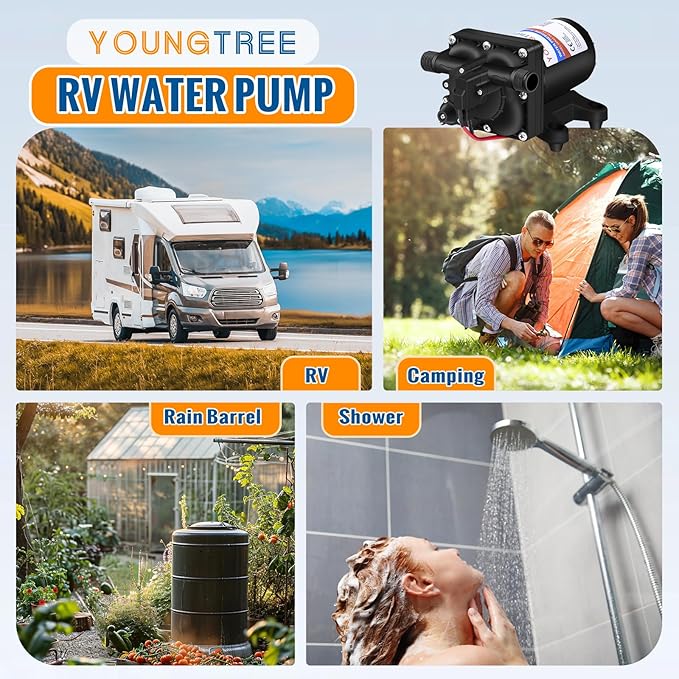 YOUNGTREE 12V RV Water Pump 3.5GPM 55PSI On Demand Fresh Water Pressure Diaphragm Pump 12 Volt Self Priming with Pressure Switch for RV Camper Marine Sprayer Outdoor Shower Kitchen Garden