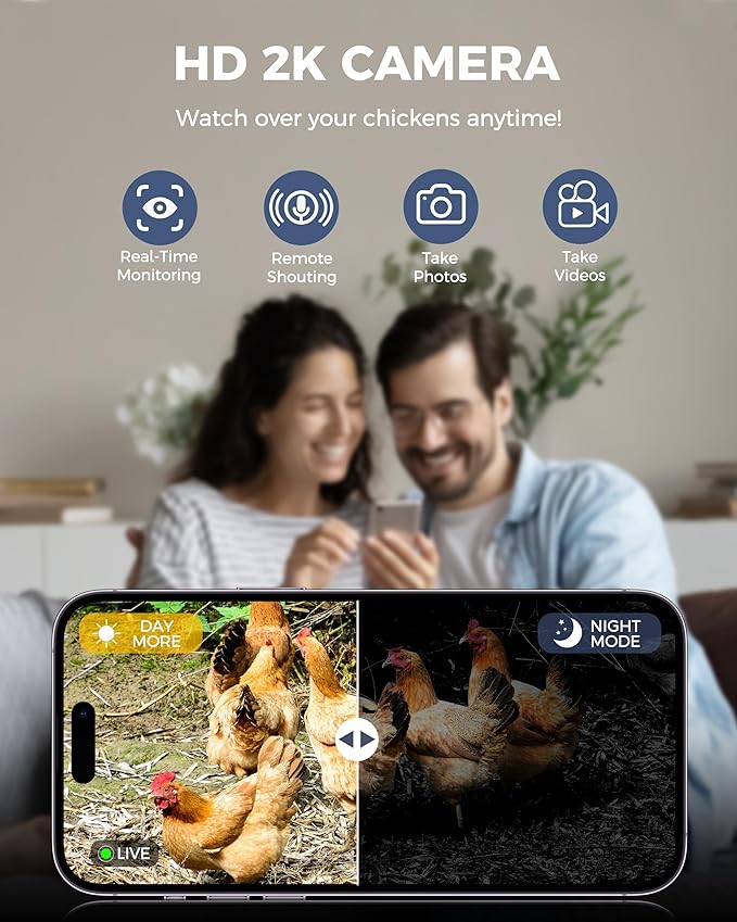 2K HD Camera Automatic Chicken Coop Door, WiFi Solar Powered Chicken Door with 9000mAh Battery, Timer & Light Sensor, Anti-Pinch Function, Security Alarm, Chicken Coop Accessories