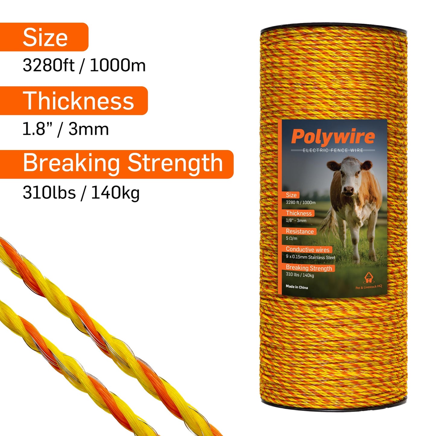 Electric Fence Polywire 1/8” with 9 Stainless Steel Strands - High Visible Wire Fencing for Horse, Cattle, Livestock - Portable Fencing with UV and Rust Resistance - 3280ft