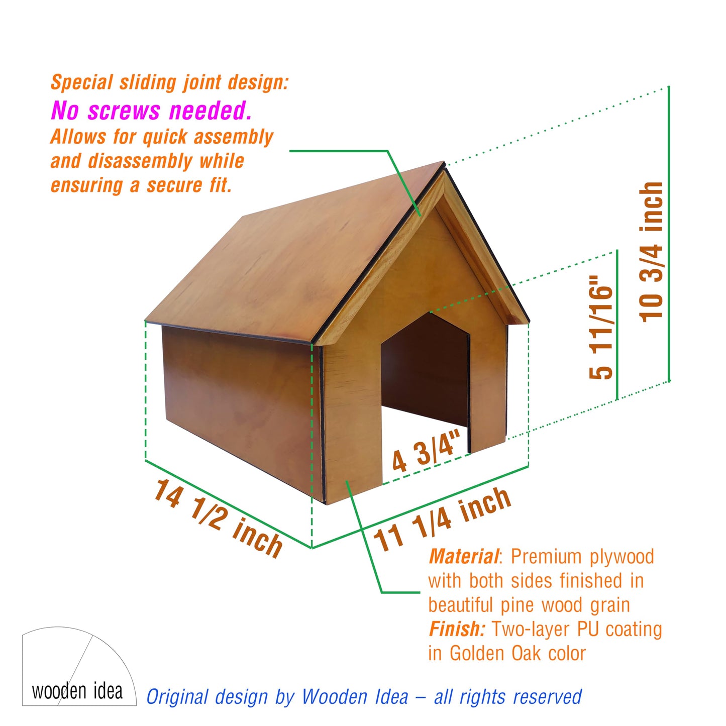 Guinea Pig House, Wooden Hut Hideout, Easy Assembly Slide-in Grooves, No Screws Needed, CNC Precision Crafted, PU Coated, Decorated Small Pet Shelter