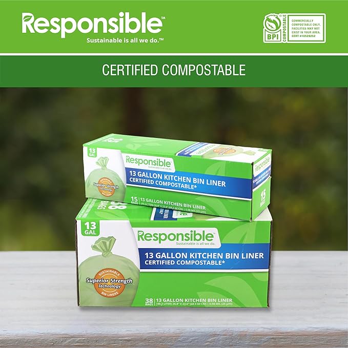 Kitchen Bin Liners, Certified Compostable, Heavy Duty Multipurpose Food Scrap Bags, Made from Compostable Materials (13 Gallon, 13 Gallon (38 Count))