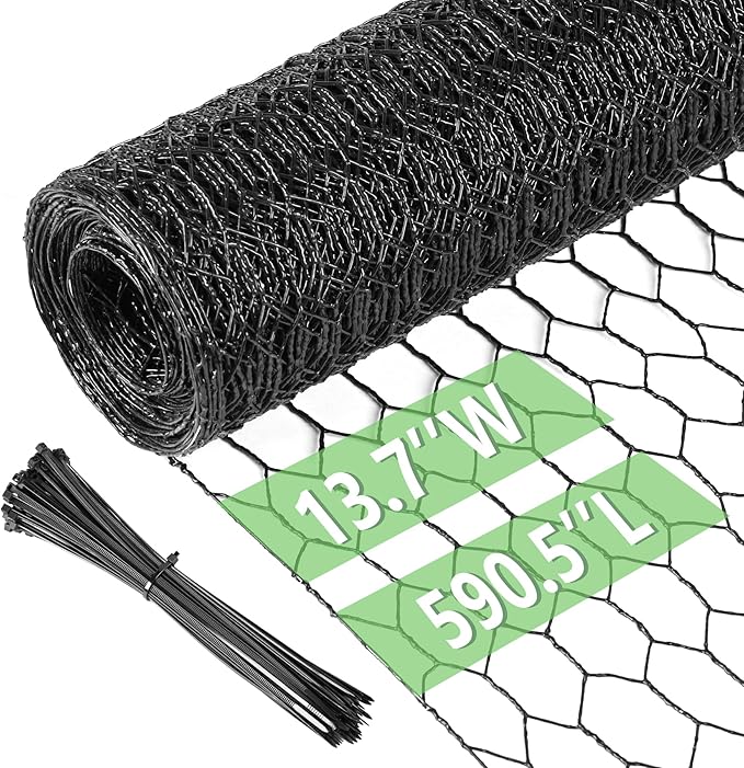 Chicken Wire 13.7 in x 590.5 in Poultry Wire Netting Hexagonal Galvanized Mesh Garden Fence Barrier for Pet Rabbit Chicken Fencing with 100 Pcs Cable Zip Ties(PVC-Coated)