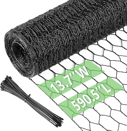 Chicken Wire 13.7 in x 590.5 in Poultry Wire Netting Hexagonal Galvanized Mesh Garden Fence Barrier for Pet Rabbit Chicken Fencing with 100 Pcs Cable Zip Ties(PVC-Coated)