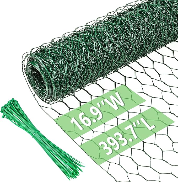 Chicken Wire 16.9 in x 393.7 in Poultry Wire Netting Hexagonal Galvanized Mesh Garden Fence Barrier for Pet Rabbit Chicken Fencing with 100 Pcs Cable Zip Ties(PVC-Coated)