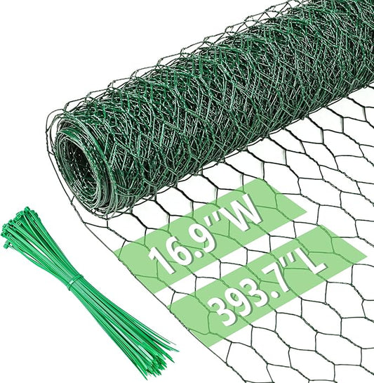 Chicken Wire 16.9 in x 393.7 in Poultry Wire Netting Hexagonal Galvanized Mesh Garden Fence Barrier for Pet Rabbit Chicken Fencing with 100 Pcs Cable Zip Ties(PVC-Coated)
