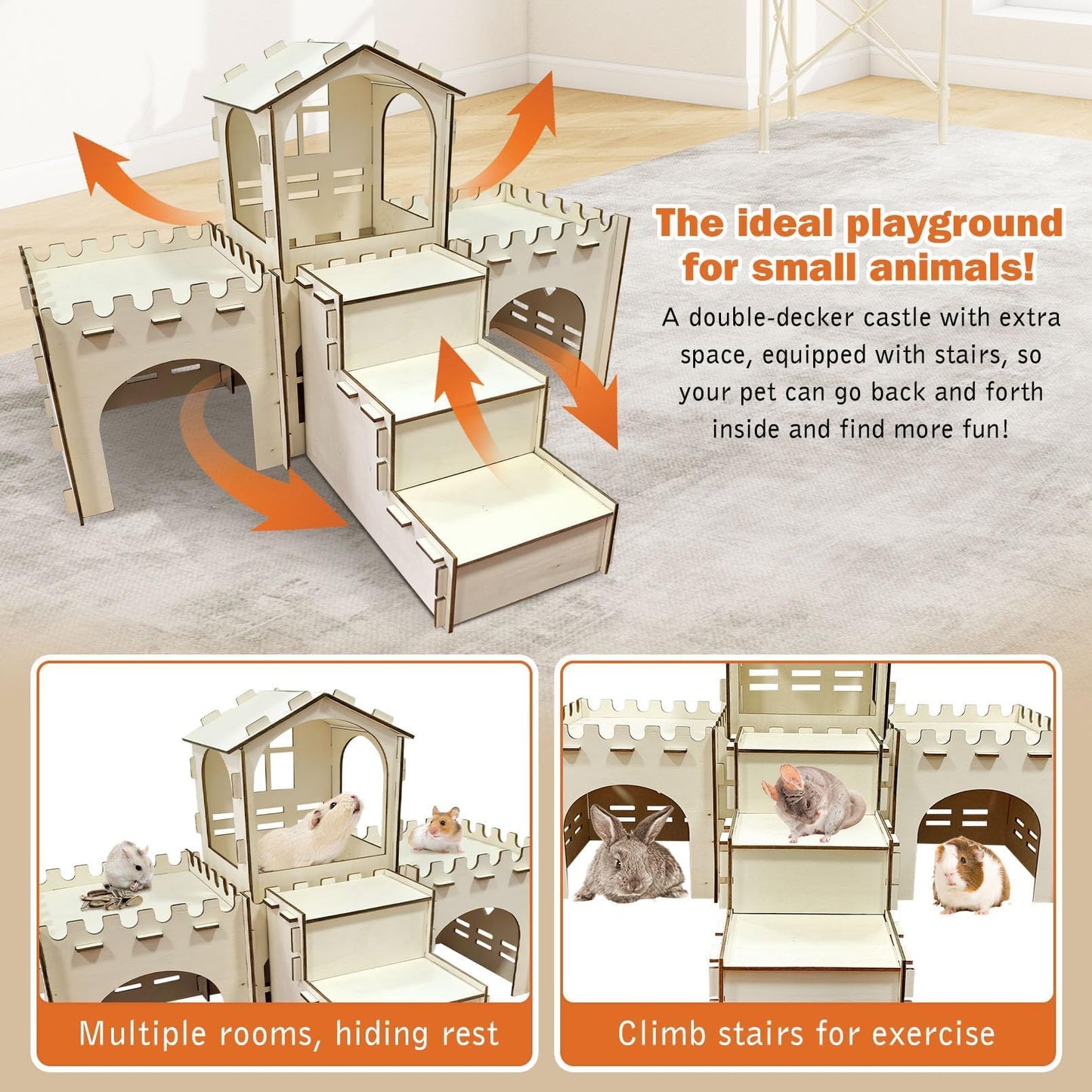 PINVNBY Extra Large Bunny Castles Hideout, Wooden Rabbit House Hide Climbing Detachable Indoor Wooden Hideaway Castle Tower Tunnel for Small Animal Rabbit Bunny Guinea Pig Hamster Chinchilla Ferret