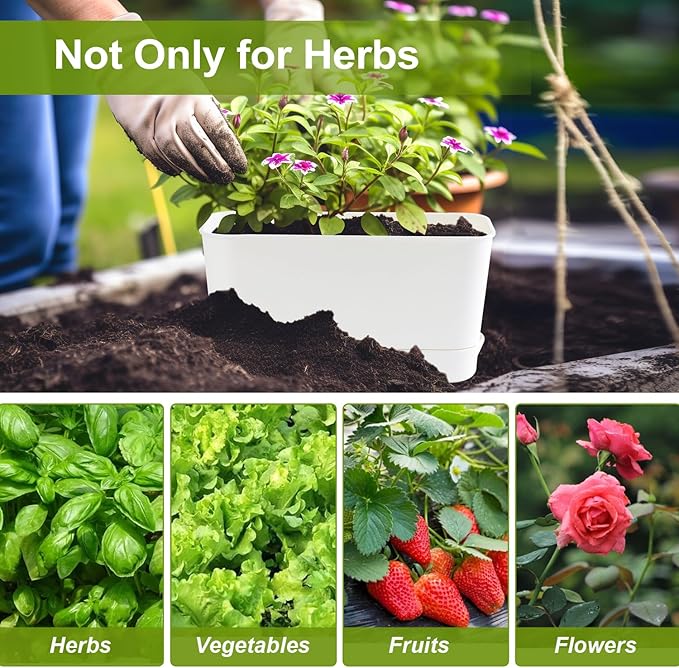10 Inch Self Watering Planters for Indoor Plants: 4 Packs Rectangular Plant Pots with with Drainage and Tray, Window Pot Self Watering Planter for Herb, Houseplants