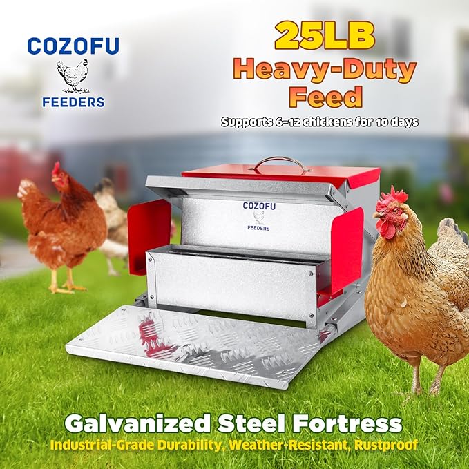 Feeders Automatic Chicken Feeder - Large Capacity for 6-12 Chickens, Lasts 10 Days (25lb Feed), Durable Galvanized Steel, Rat-Proof, No-Spill, Weatherproof Lid